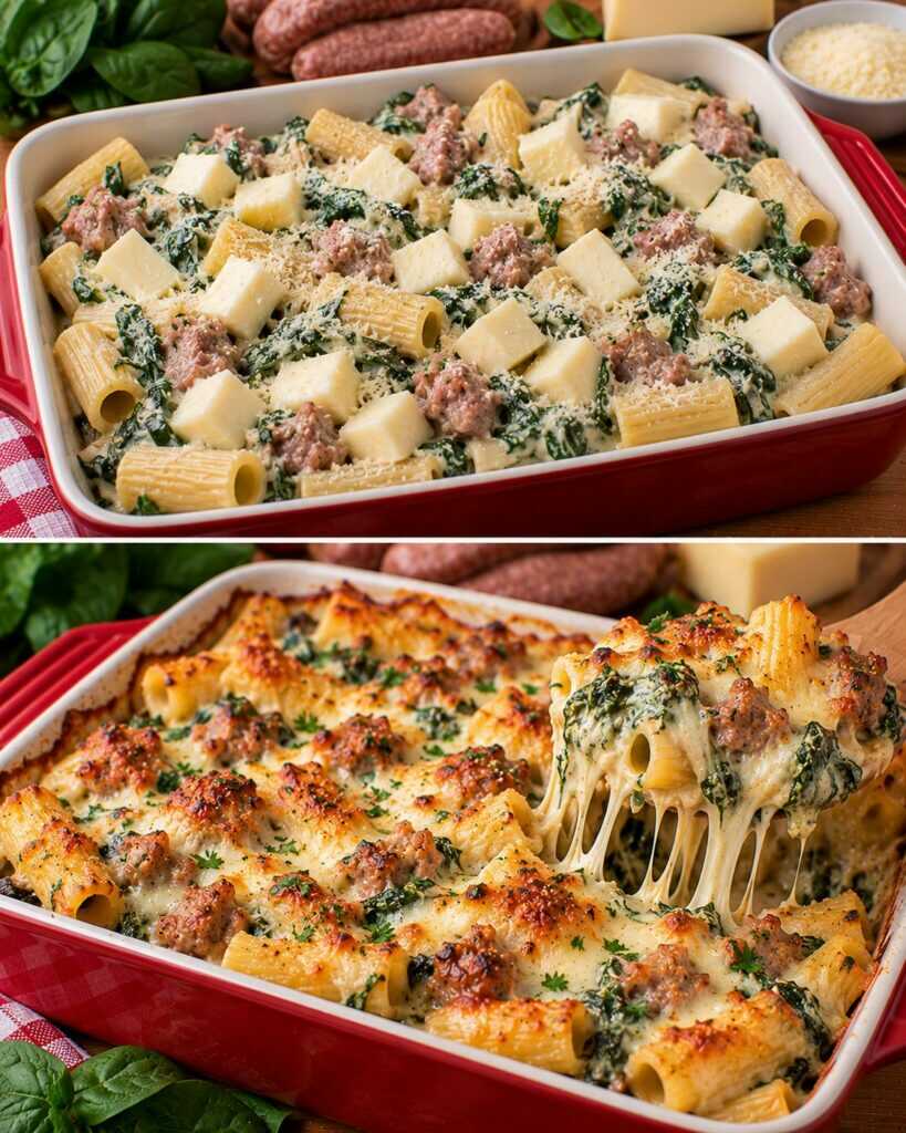 🍝 Rigatoni al Forno con Crema di Spinaci, Salsiccia e Fontina Filante