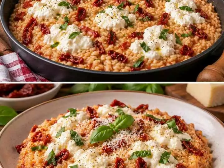Risotto ai Pomodori Secchi con Stracciatella e Basilico Fresco