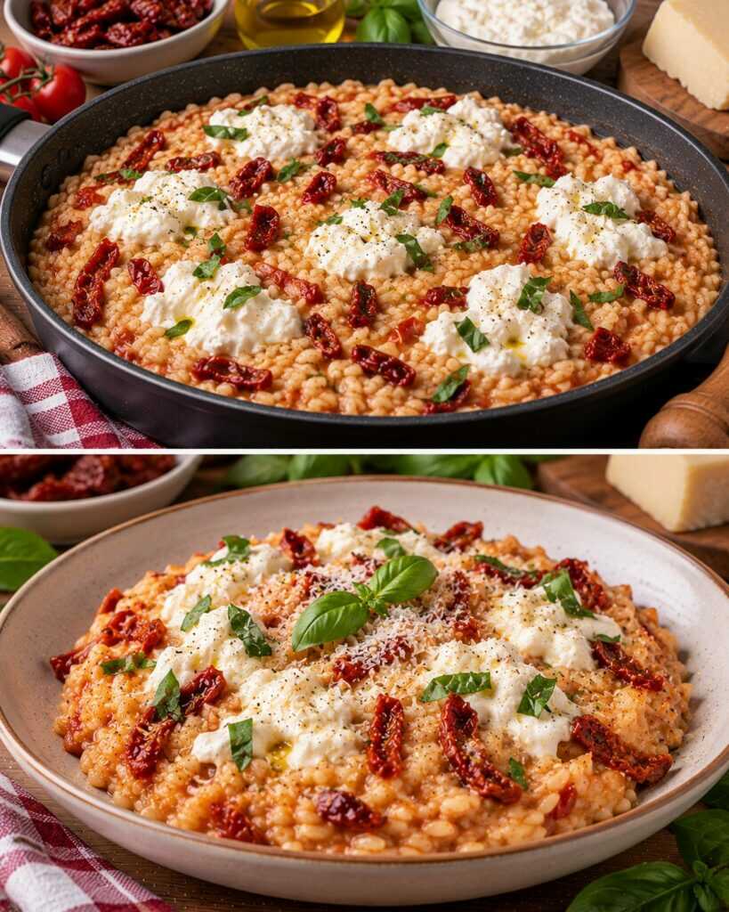 Risotto ai Pomodori Secchi con Stracciatella e Basilico Fresco