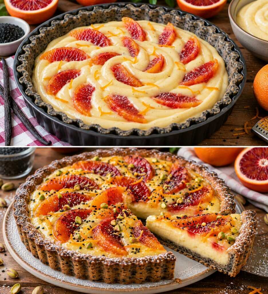 Crostata al Sesamo Nero con Crema di Vaniglia e Arancia Rossa