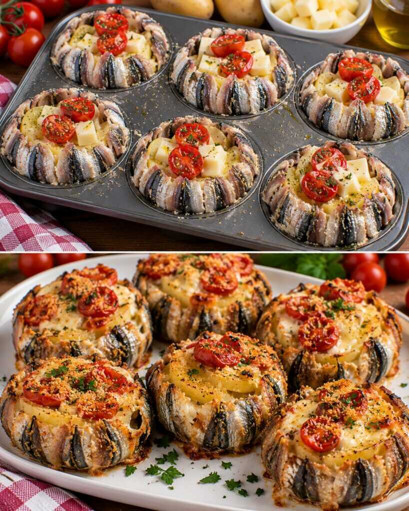 Tortini di Alici con Patate, Provola e Pomodorini