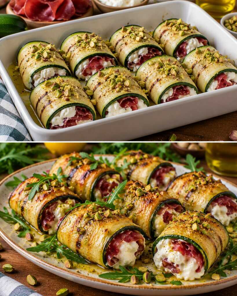 Rotolini di Zucchine Grigliate con Crema di Burrata, Bresaola e Pistacchi