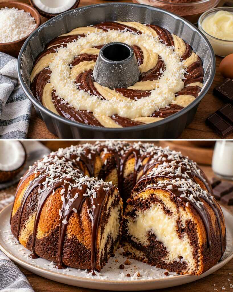 Torta Variegata al Cacao con Cuore di Crema al Cocco e Vaniglia