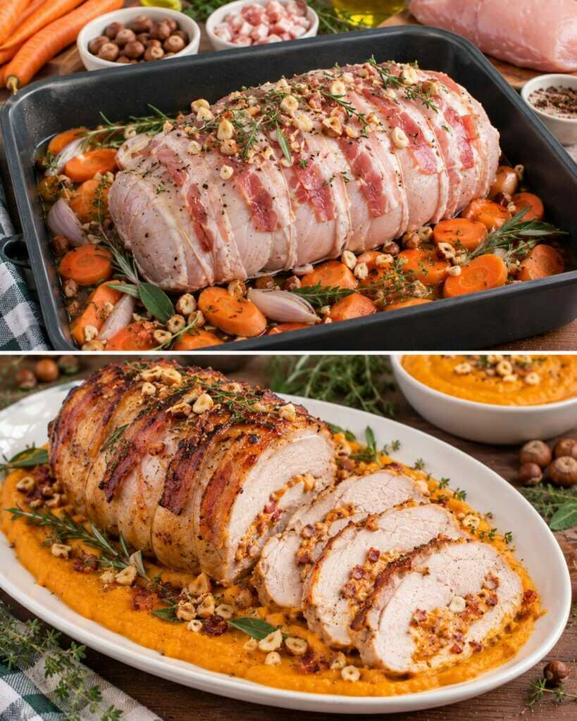 Arrosto di Tacchino con Crema di Carote, Pancetta e Nocciole