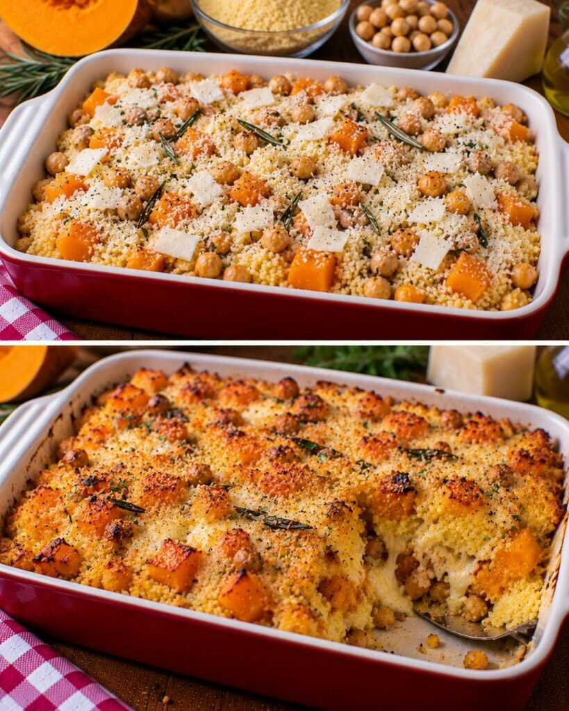 Cous Cous Gratinato con Zucca, Ceci Croccanti e Pecorino