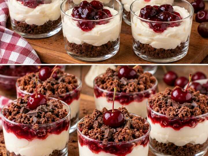 Bicchierini di Crema al Formaggio con Confettura di Ciliegie e Crumble al Cacao