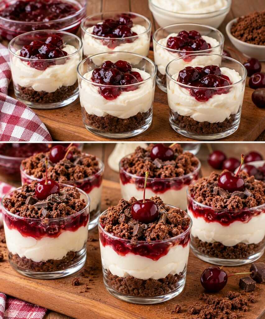 Bicchierini di Crema al Formaggio con Confettura di Ciliegie e Crumble al Cacao