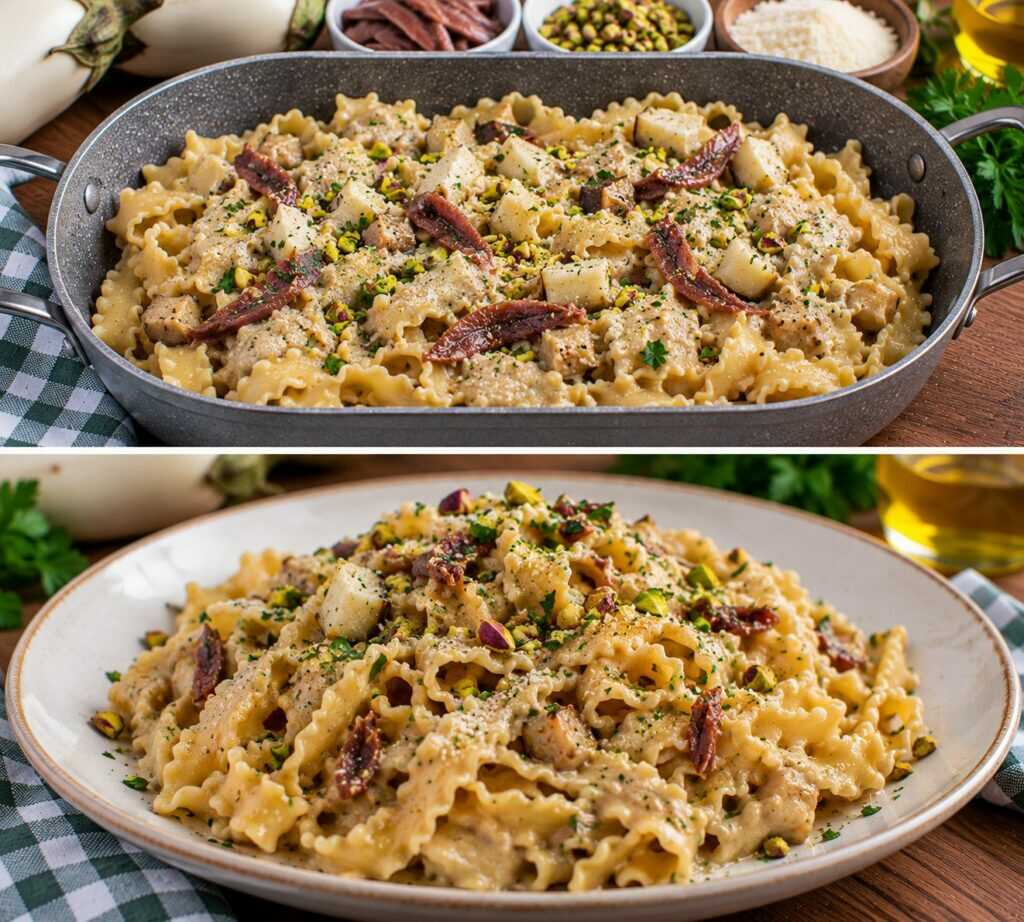 🍝 Mafaldine con Crema di Melanzane Bianche, Acciughe e Pistacchi