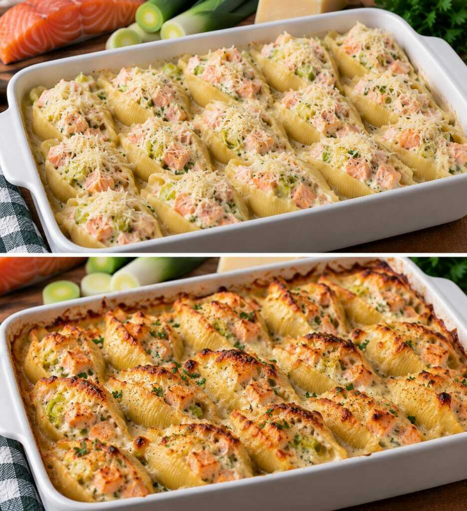 Conchiglioni Gratinati con Crema di Porri, Salmone Fresco e Montasio