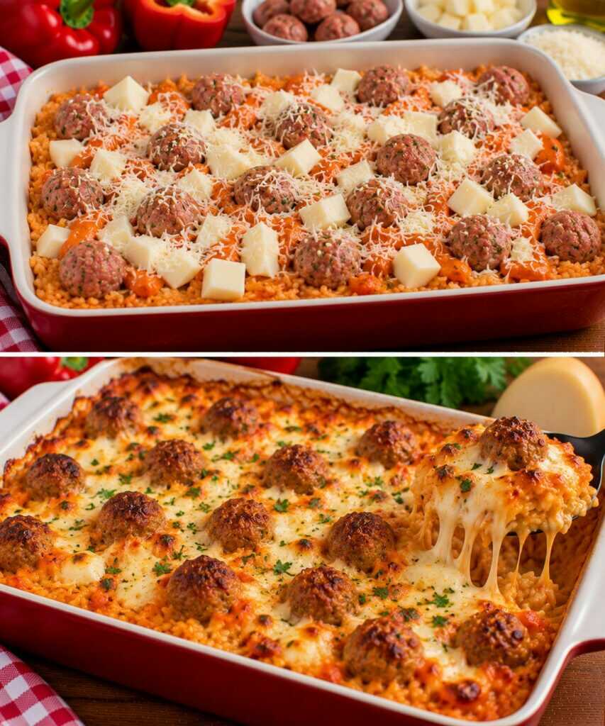 Riso al Forno con Crema di Peperoni Rossi, Polpettine e Scamorza Filante