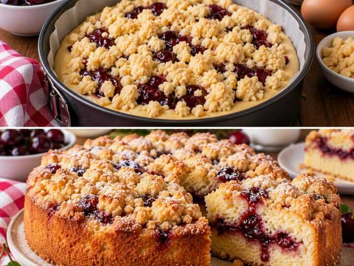 Torta Soffice allo Yogurt con Cuore di Confettura di Amarene e Crumble