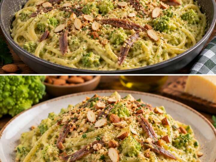 Linguine con Crema di Cavolo Romanesco, Acciughe e Mandorle Croccanti