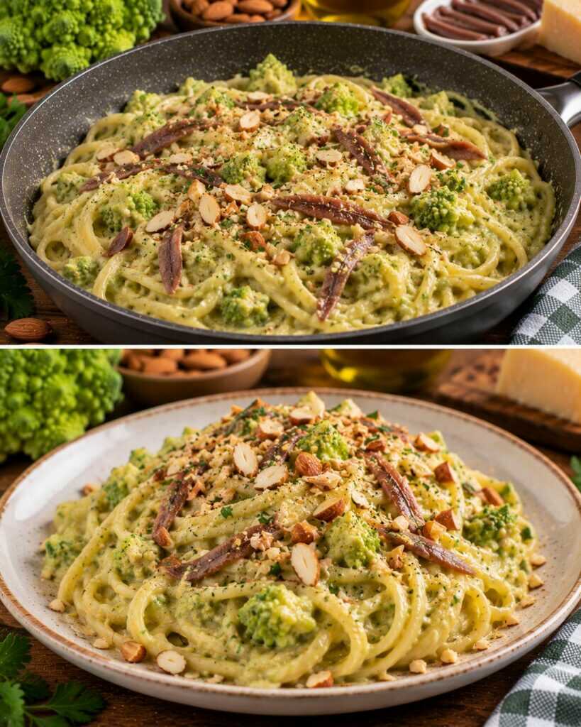 Linguine con Crema di Cavolo Romanesco, Acciughe e Mandorle Croccanti
