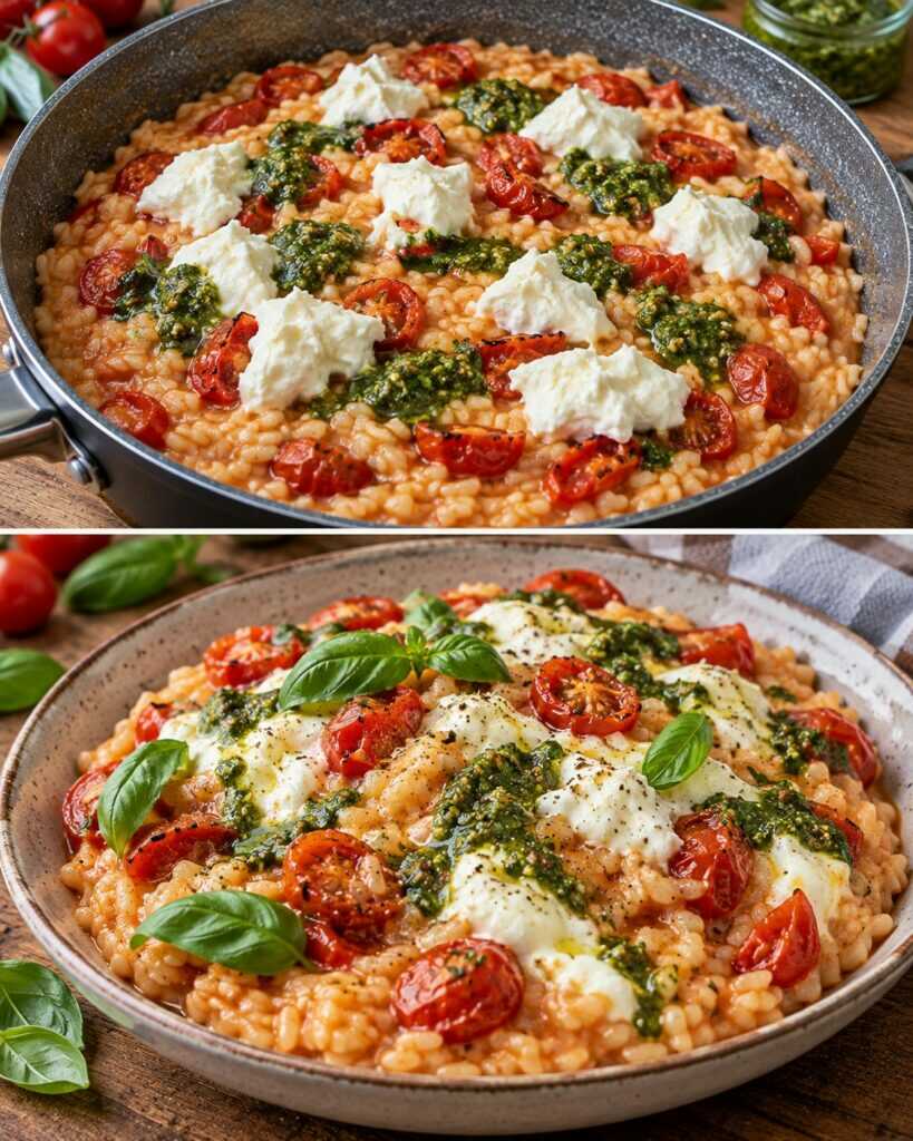 Risotto ai Pomodori Arrostiti con Burrata e Pesto di Basilico