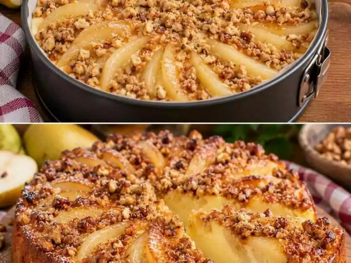 Torta Cremosa alla Vaniglia con Pere Caramellate e Crumble di Noci