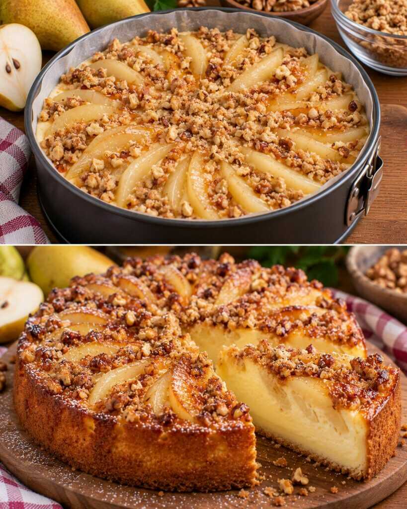 Torta Cremosa alla Vaniglia con Pere Caramellate e Crumble di Noci