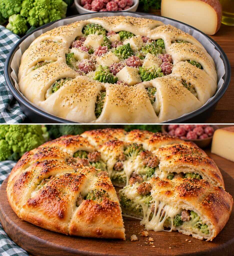 Pizza Ripiena con Broccoli Romaneschi, Salsiccia e Provolone Piccante: Soffice, Dorata e dal Cuore Filante