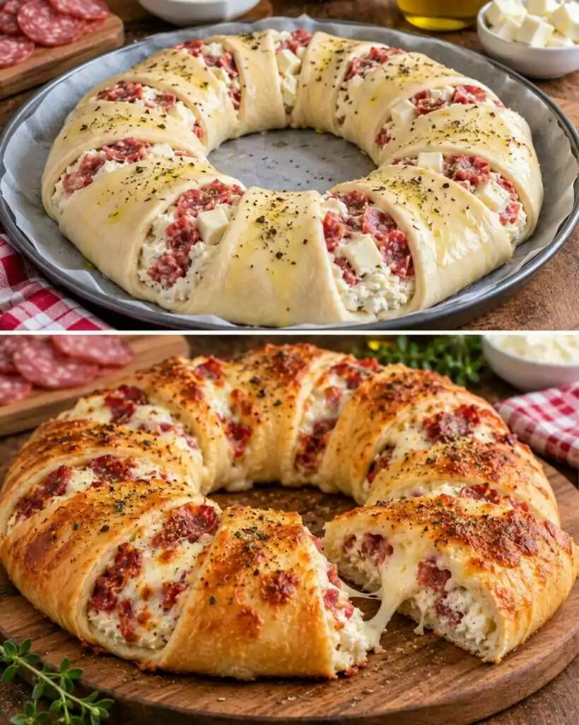 Pizza a Corona Ripiena di Ricotta, Salame e Mozzarella