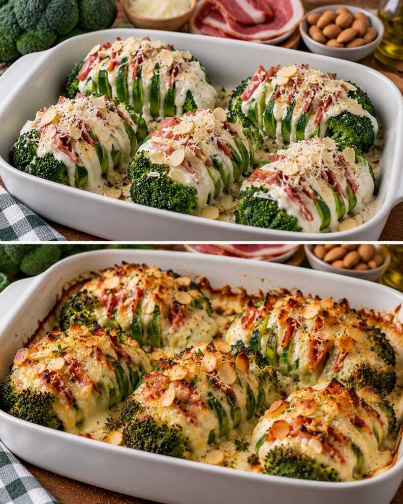 Broccoli a Fisarmonica con Crema di Formaggio, Speck e Mandorle