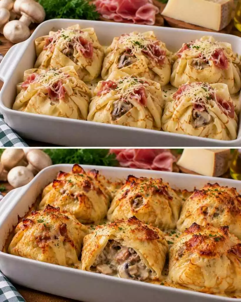 Fagottini di Crêpes con Funghi, Prosciutto Crudo e Montasio