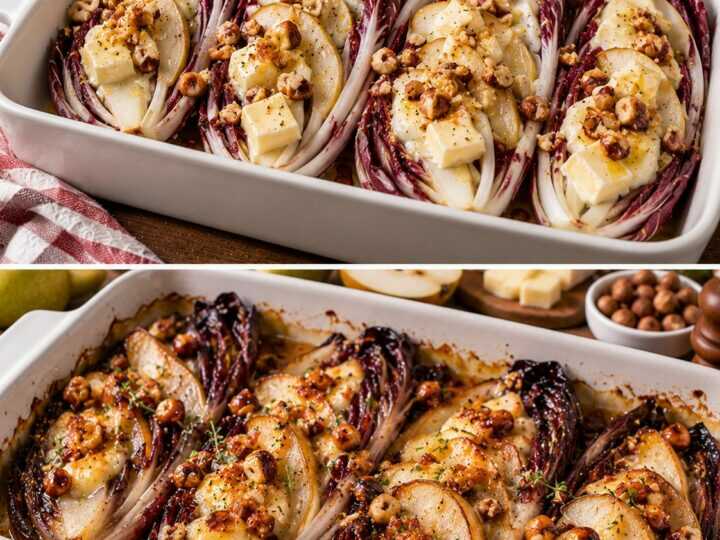 Radicchio Tardivo al Forno con Pere, Taleggio e Nocciole Caramellate
