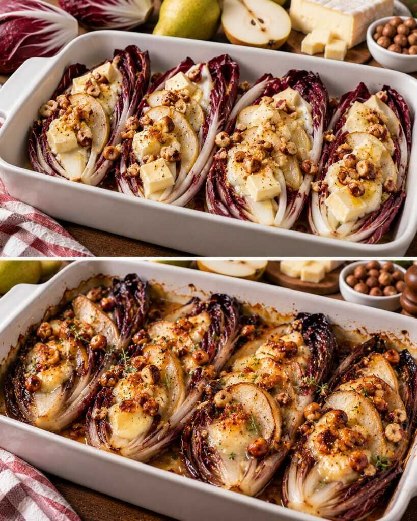 Radicchio Tardivo al Forno con Pere, Taleggio e Nocciole Caramellate