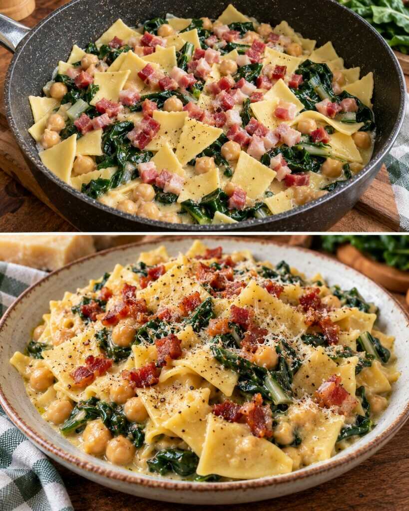 Maltagliati con Crema di Ceci, Bietole e Pancetta Croccante