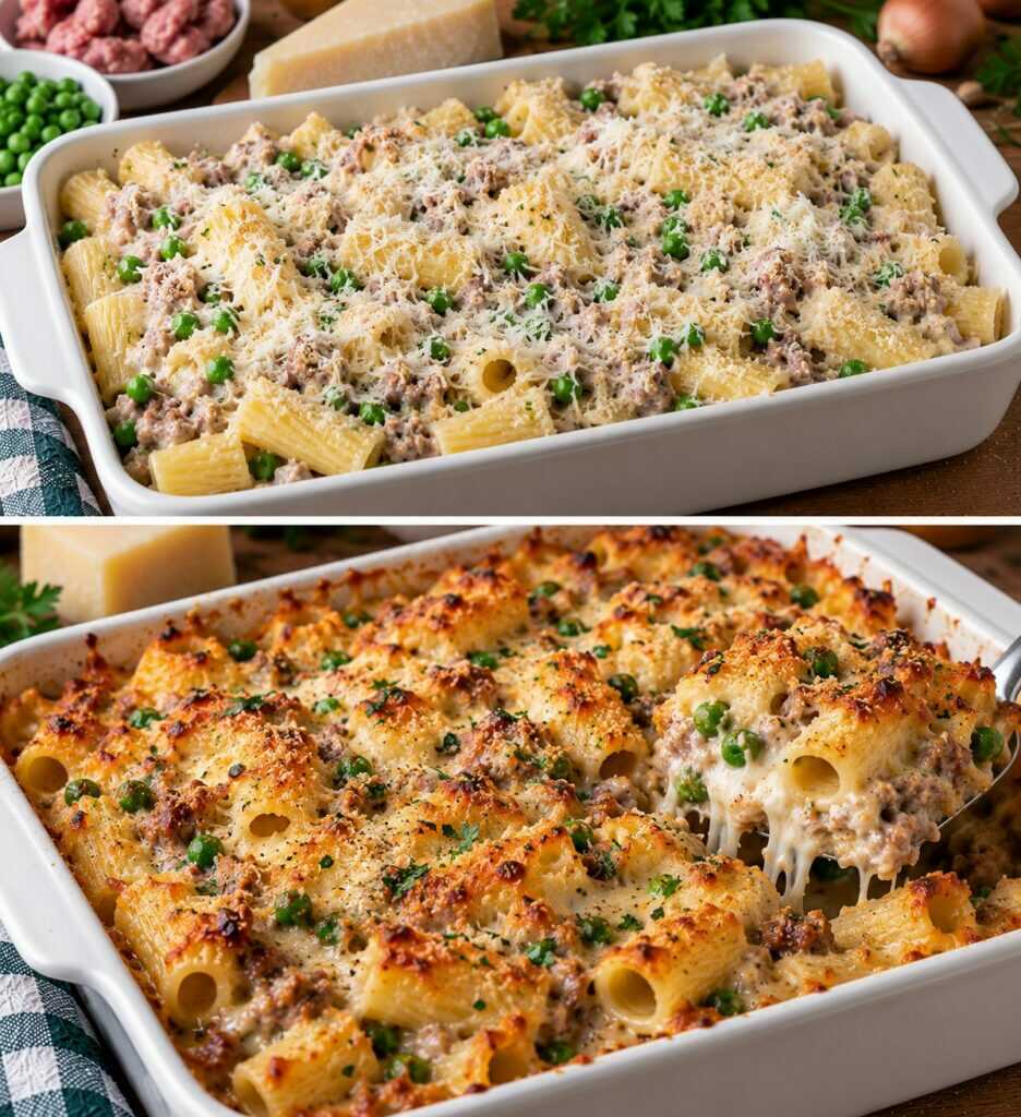 Rigatoni Gratinati con Ragù Bianco di Agnello, Piselli e Pecorino