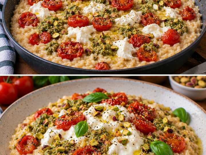 Risotto ai Pomodorini Confit con Pesto di Pistacchi e Burrata
