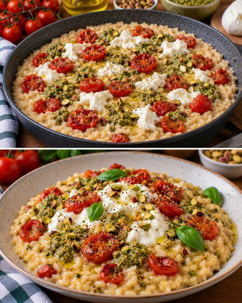 Risotto ai Pomodorini Confit con Pesto di Pistacchi e Burrata