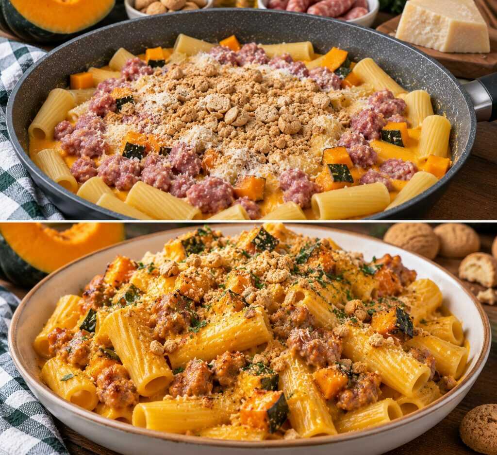 Tortiglioni con Crema di Zucca Delica, Salsiccia e Croccante di Amaretti 🎃🍝