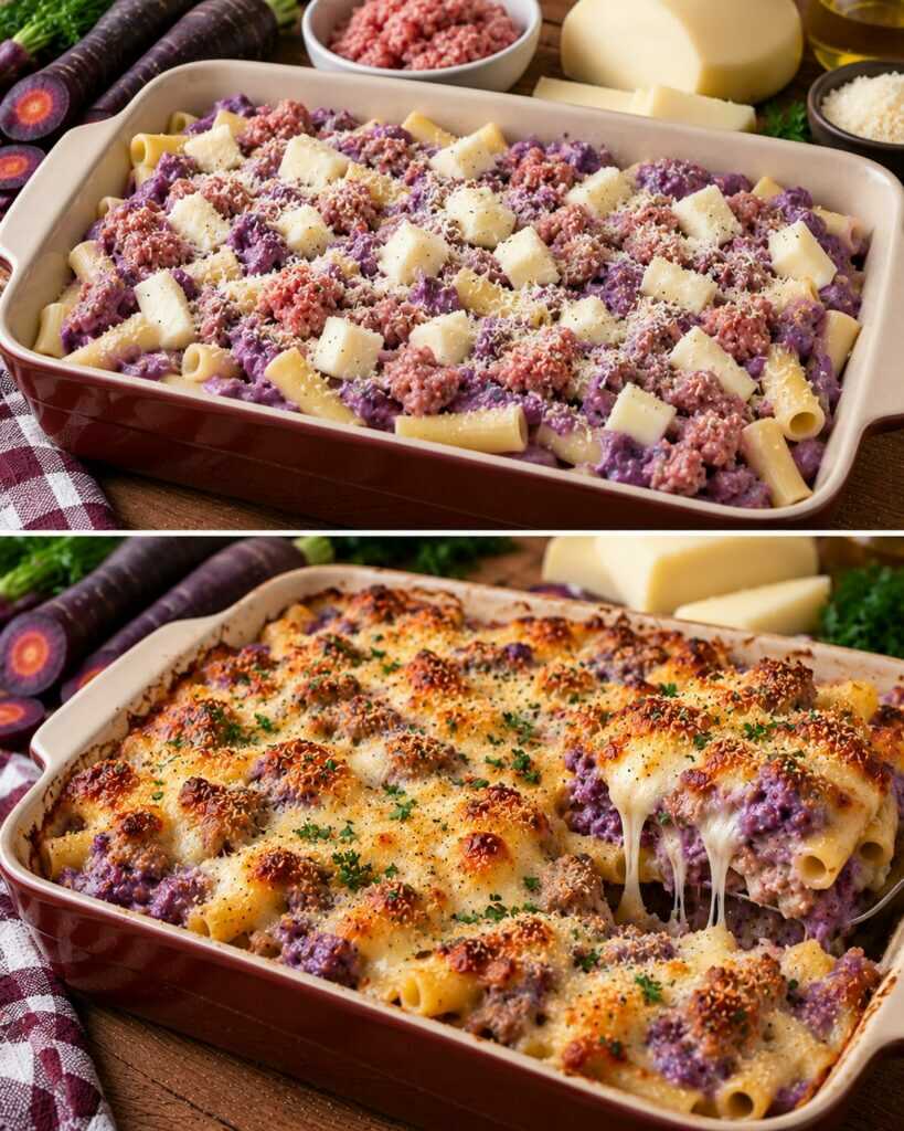 🍝 Sedanini al Forno con Crema di Carote Viola, Salsiccia e Provola