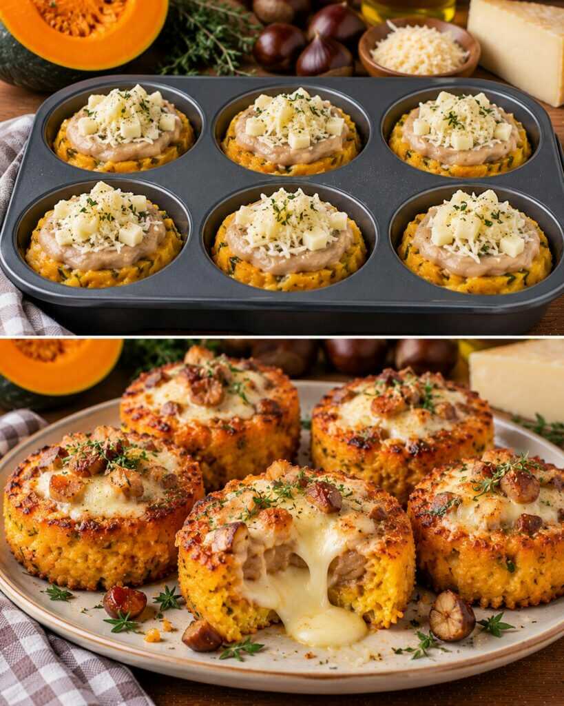 Tortini di Zucca Delica con Crema di Castagne e Fonduta di Montasio