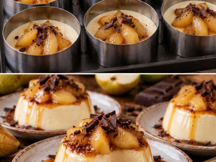 Panna Cotta alla Vaniglia con Pere Caramellate e Cioccolato Fondente