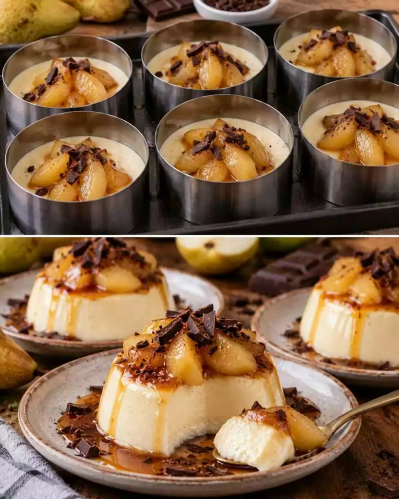 Panna Cotta alla Vaniglia con Pere Caramellate e Cioccolato Fondente