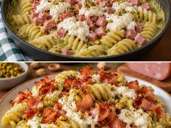Fusilloni con Crema di Pistacchi, Mortadella Croccante e Stracciatella