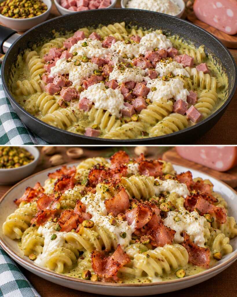 Fusilloni con Crema di Pistacchi, Mortadella Croccante e Stracciatella