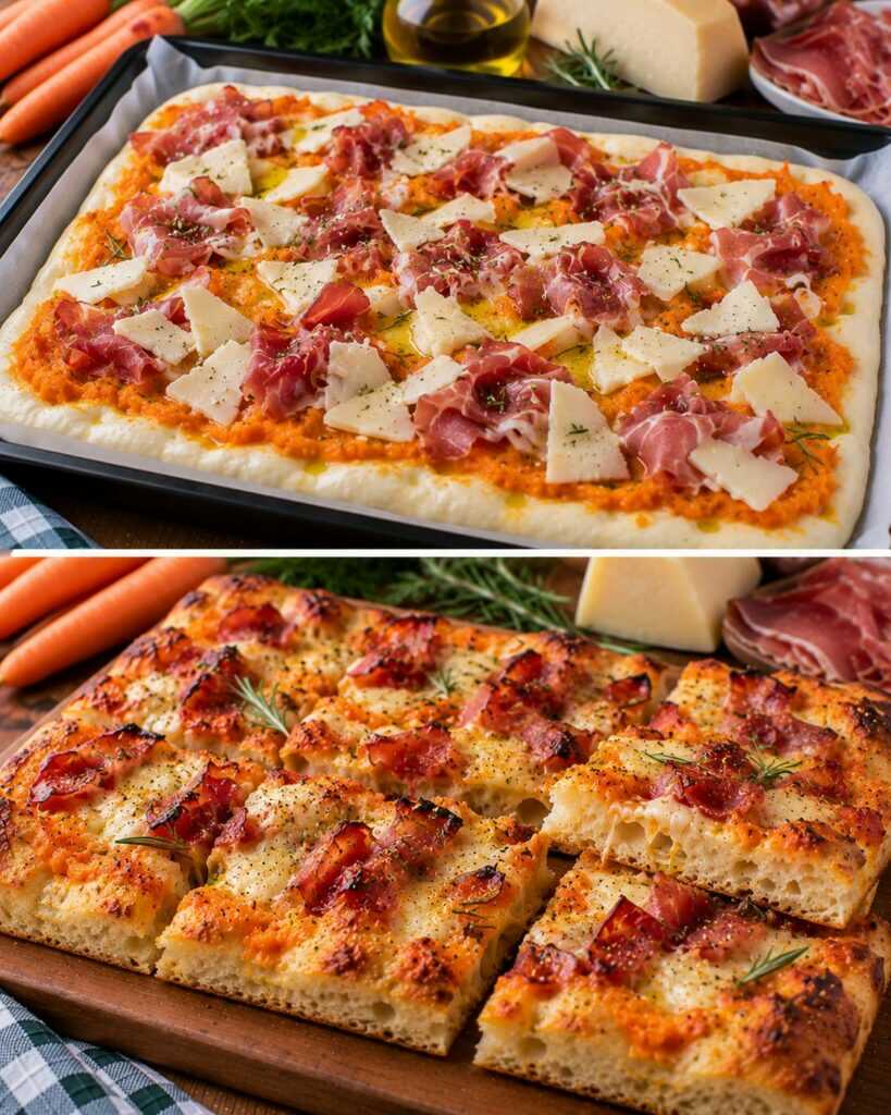 Focaccia Croccante con Crema di Carote Arrosto, Speck e Asiago